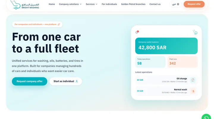Website screenshot — Bright Washing: booking and operations for a car-care company.